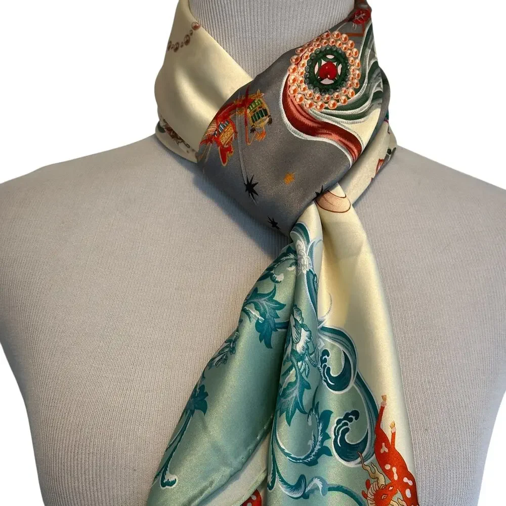 Baoshidi 100% Silk Scarf Womens Asian Print Blue Cream Statement Floral Long
